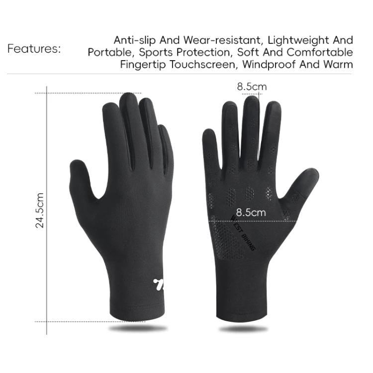 Black full-finger bike gloves with touchscreen, fleece-lined; size shown 24.5 cm, palm 8.5 cm