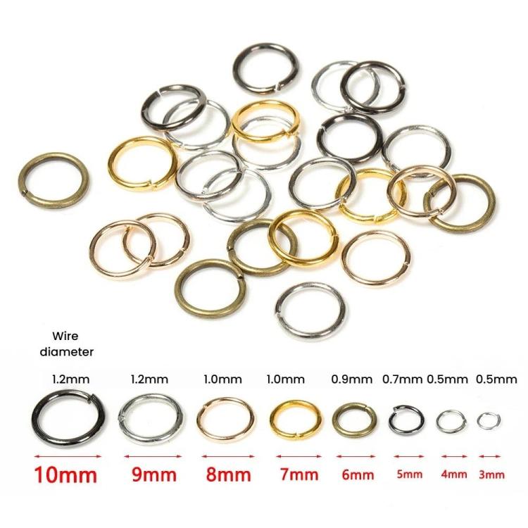 Assorted jump rings on a size guide, round metal loops in mixed tones