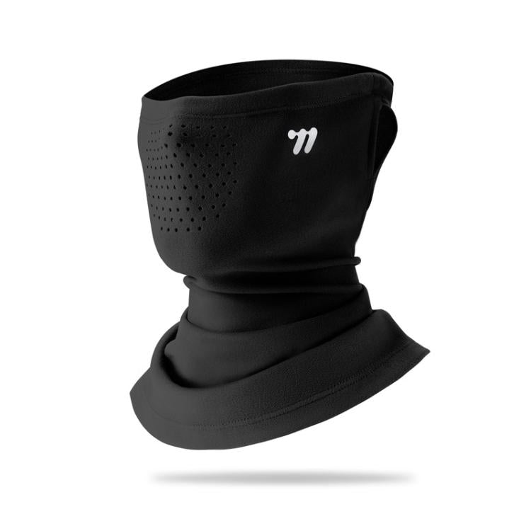 Black ear-loop face mask with perforated panel and neck gaiter, double-layer fleece.