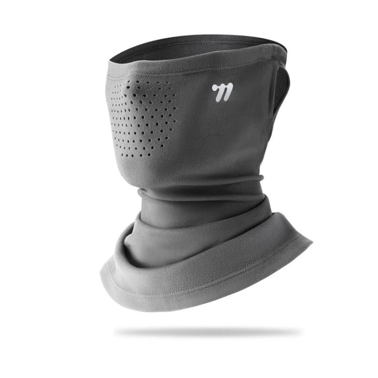 Dark gray ear-loop face mask with perforated panel and neck gaiter, double-layer fleece.