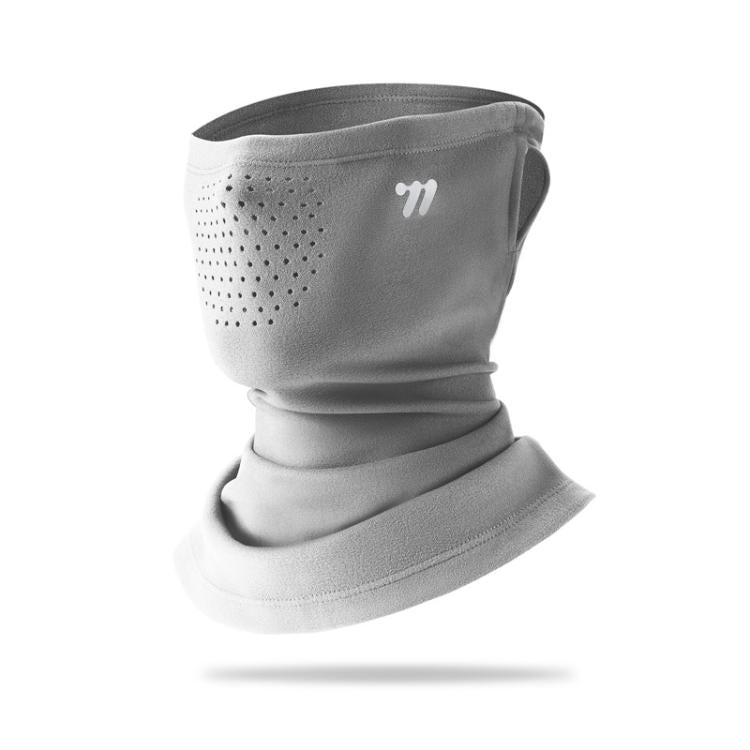 Light gray ear-loop face mask with perforated panel and neck gaiter, double-layer fleece.