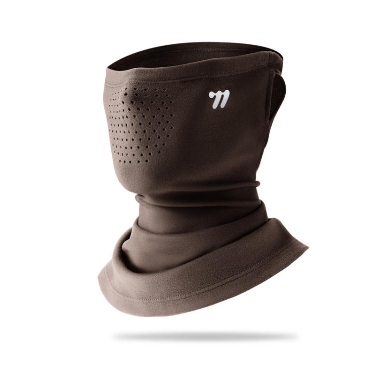 Brown ear-loop face mask with perforated panel and neck gaiter, double-layer fleece.