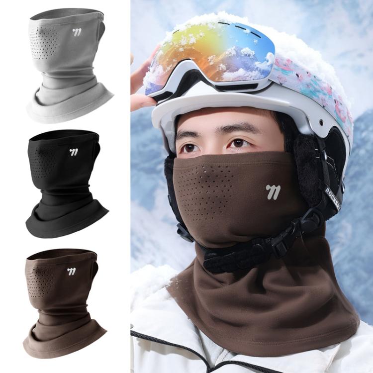 Cycling face mask with ear loops and neck gaiter, dark gray on model.