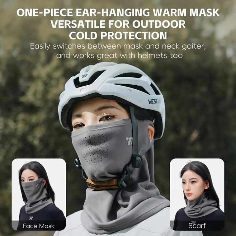Cycling face mask with ear loops and neck gaiter, dark gray on helmeted model.