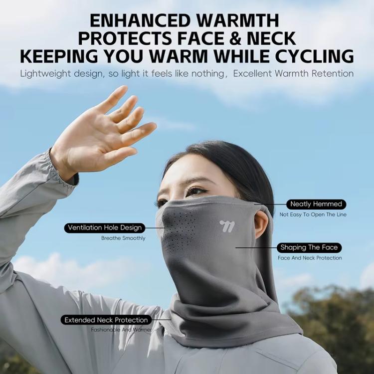 Cycling ear-loop face mask and extended neck gaiter, dark gray on outdoor model.