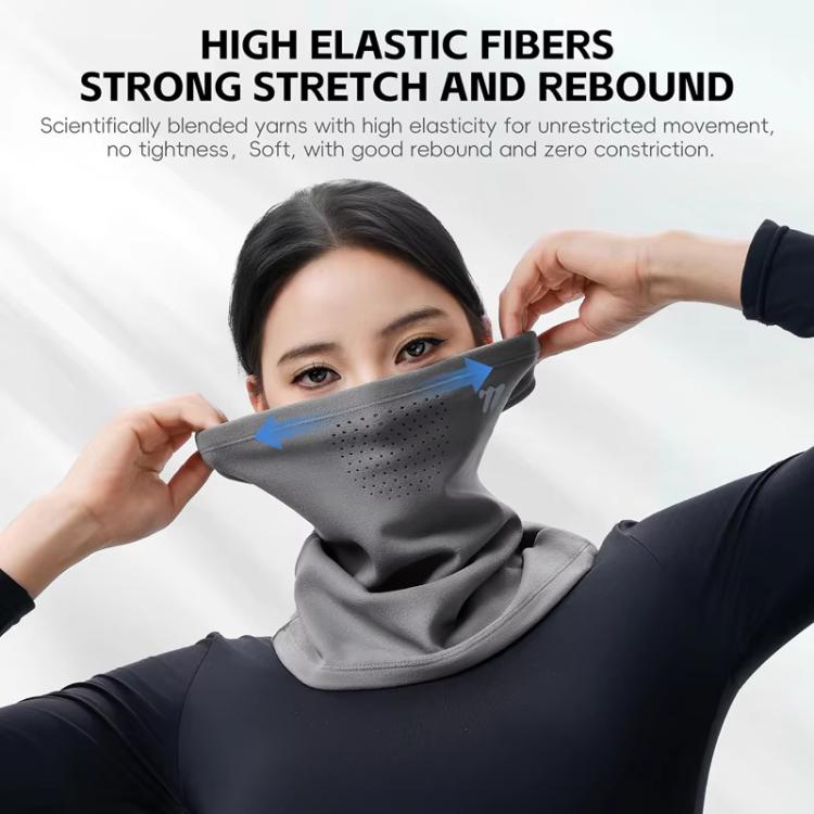 Adjustable cycling face mask with ear loops and perforated panel, dark gray.