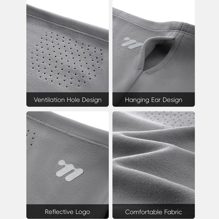 Gray fleece face mask detail: ventilation holes, hanging ear design, reflective logo