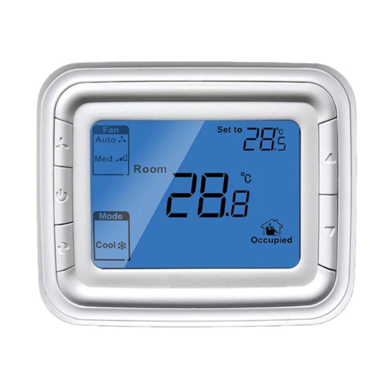 Digital thermostat with large backlit LCD showing set temperature and occupied status