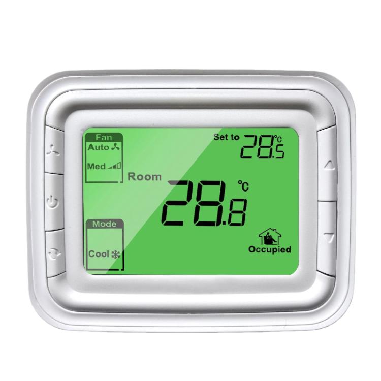 Digital thermostat with large backlit LCD showing cooling mode and room temperature 28.8