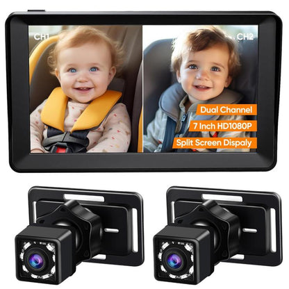 Black dual-channel car baby monitor with split-screen display and two camera units