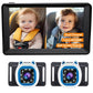 Car baby monitor kit with dual cameras in white-and-blue housings and split-screen screen