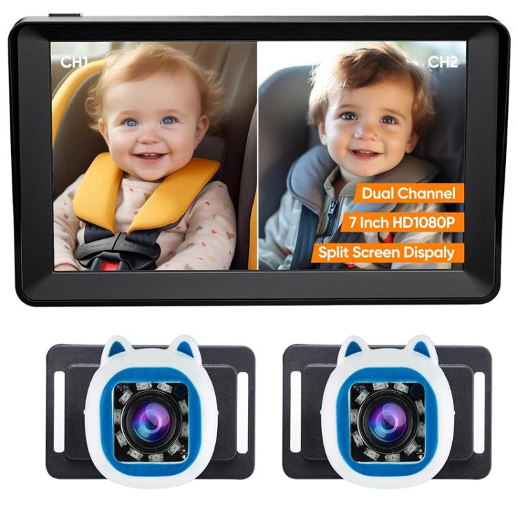Car baby monitor kit with dual cameras in white-and-blue housings and split-screen screen