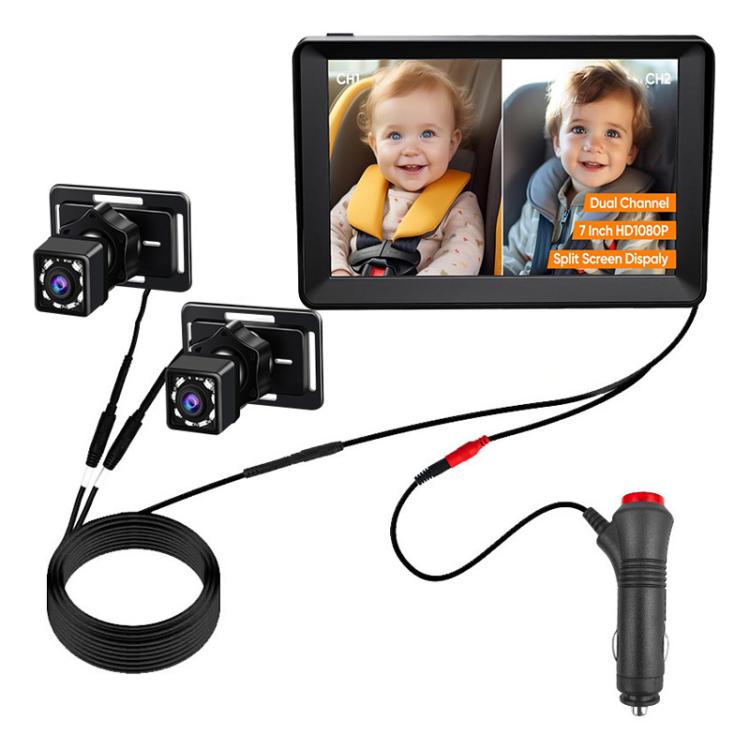 Black car baby monitor set with two cameras, cables, and dashboard power cable
