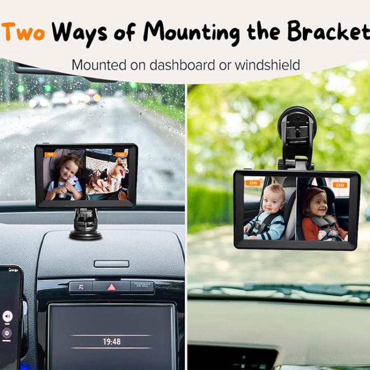Car baby monitor mounted on dashboard and windshield with two camera views