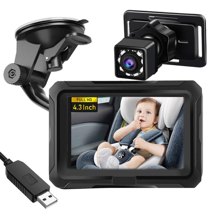 Car baby monitor with 4.3-inch screen, night-vision camera, and USB cable