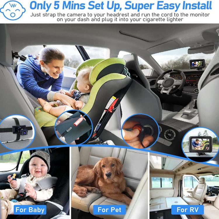Car baby monitor kit with monitor, camera, and cigarette lighter power plug
