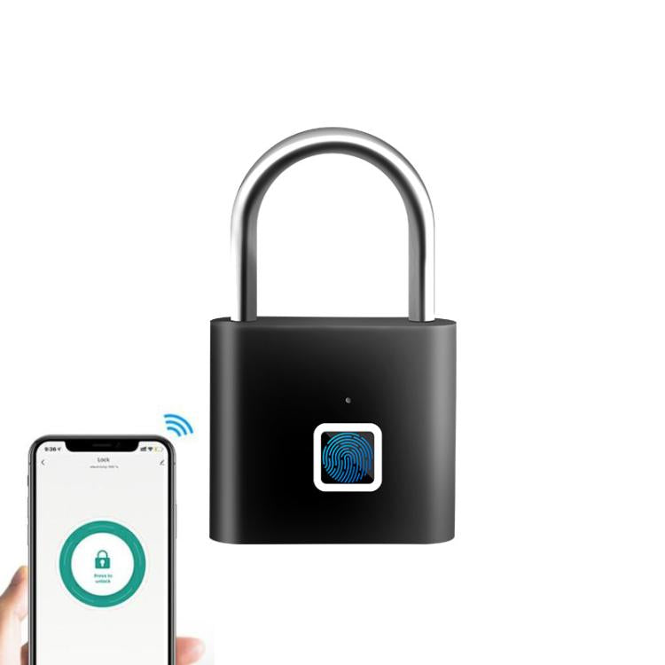 Black zinc alloy fingerprint padlock with U-shaped shackle and biometric sensor