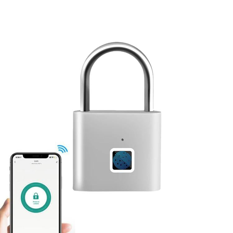Silver zinc alloy fingerprint padlock with U-shaped shackle and biometric sensor
