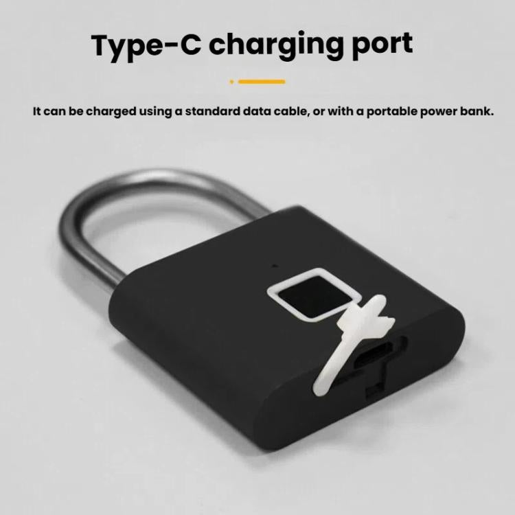 Black fingerprint padlock showing Type-C charging port and metal shackle