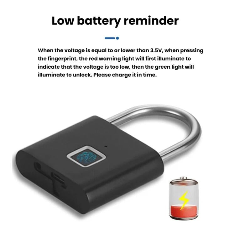 Black fingerprint padlock with low-battery indicator light and fingerprint sensor