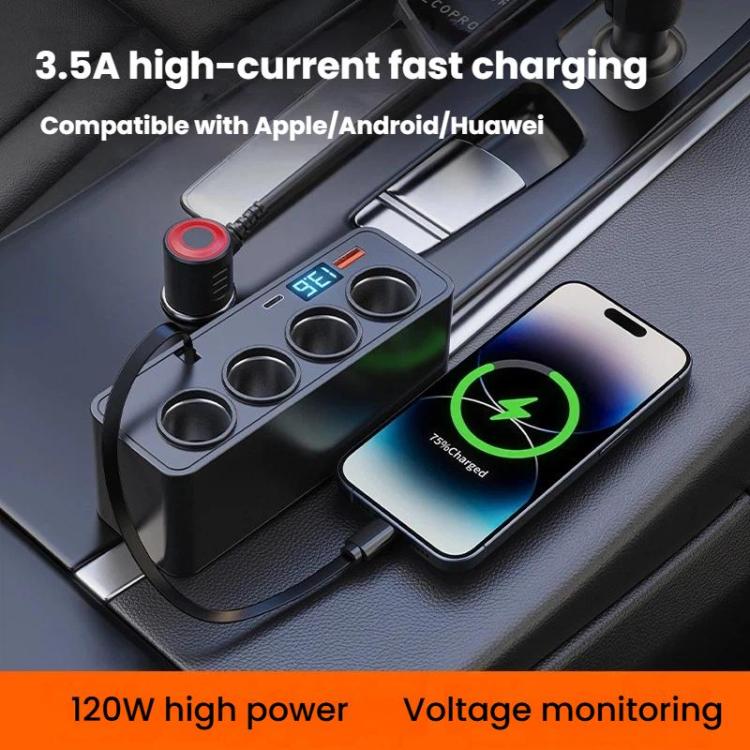 Car power adapter with four outlets, digital display, and dual USB charging ports