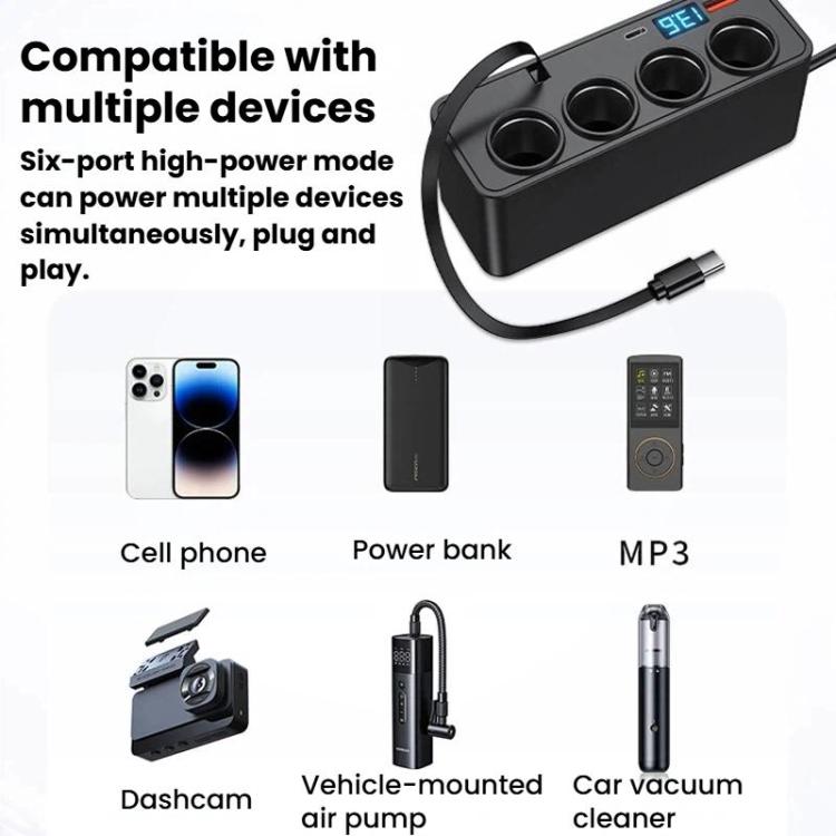 Retractable car charger with digital display and four-way power ports, black