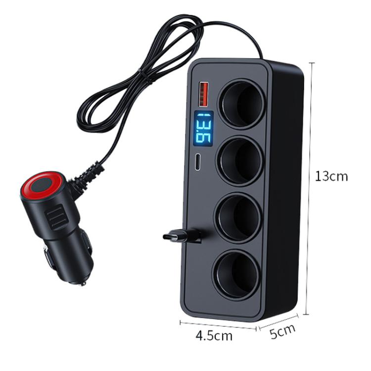 Black 4-port car charger splitter with retractable cable and blue digital screen