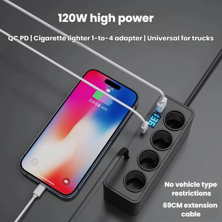 Car charger power strip with four circular sockets, digital display, and USB output