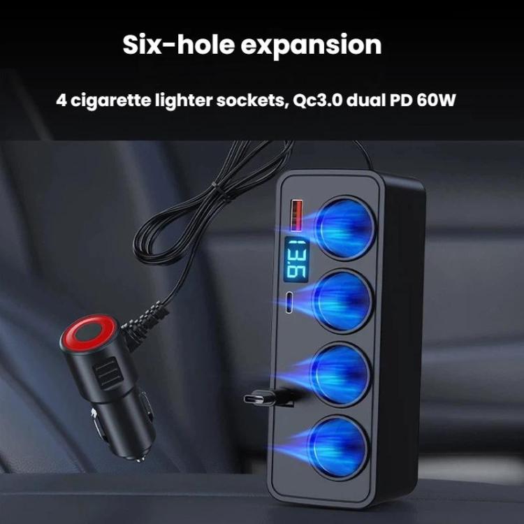 Car cigarette lighter adapter with four outlets and blue-lit digital voltage readout