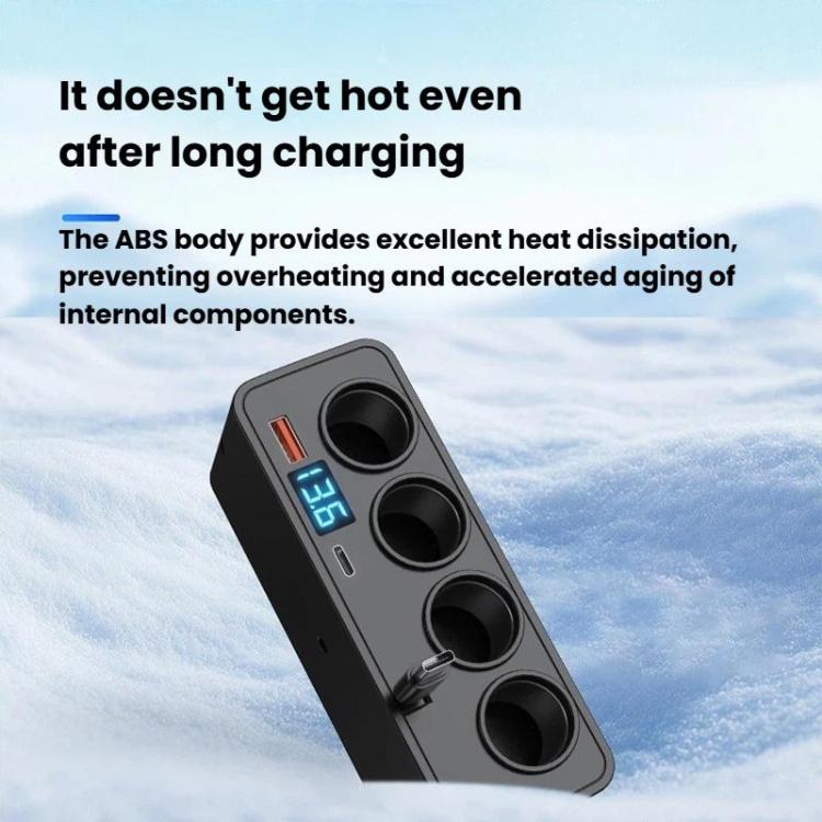 Car charger power strip with four outlets and blue digital voltage display