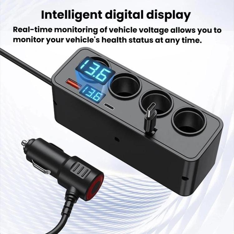 Car cigarette lighter charger with dual digital displays and four socket outlets