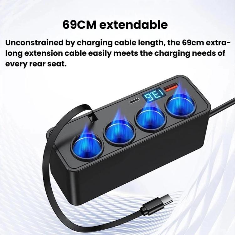 Car charger power strip with extended cable, four outlets, and blue digital display