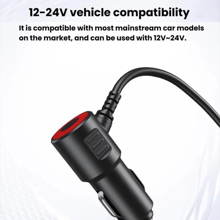Car cigarette lighter plug with coiled neck and cable for 12–24V charging