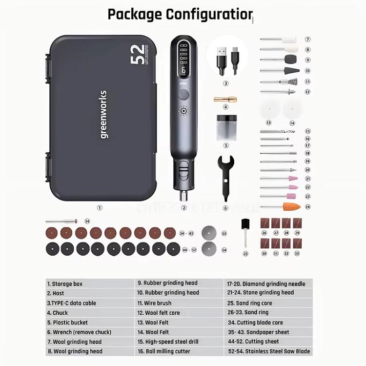 Greenworks 8V Mini Grinder 52pcs Grinding Rotary Tools Combo Cordless Variable Speed Wireless Engraver, AGK302