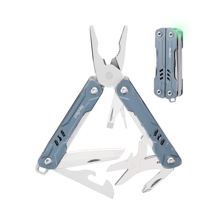 Blue NexTool S11 mini multi-tool with pliers and folding blades, wire cutters visible