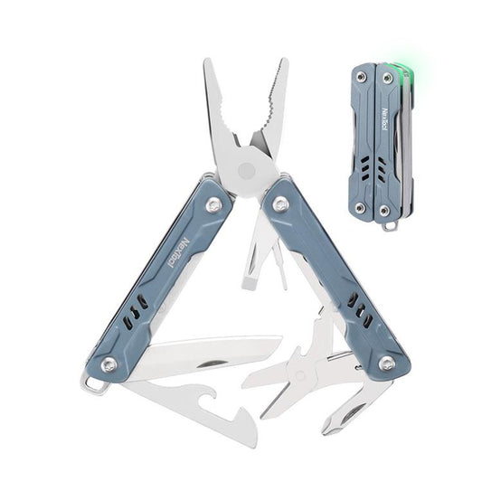 Blue NexTool S11 mini multi-tool with pliers and folding blades, wire cutters visible
