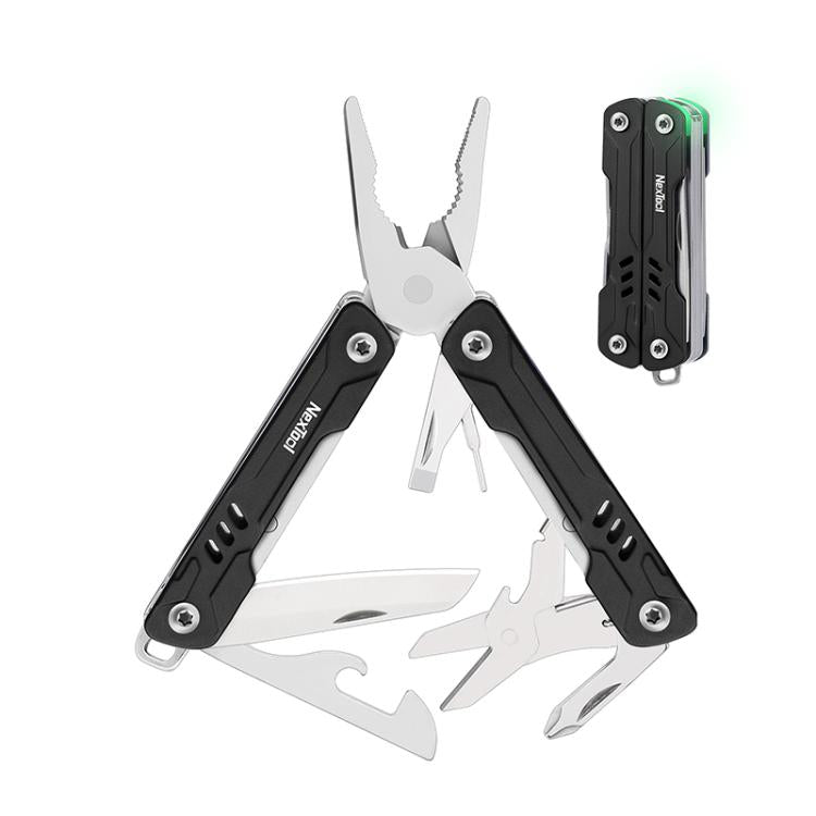 Black NexTool S11 mini multi-tool with folding pliers and blades, wire cutters visible