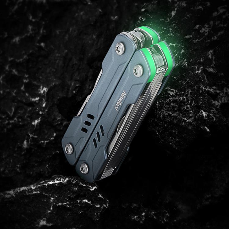 Blue NexTool S11 mini multi-tool close-up with green handle accents and folding tools