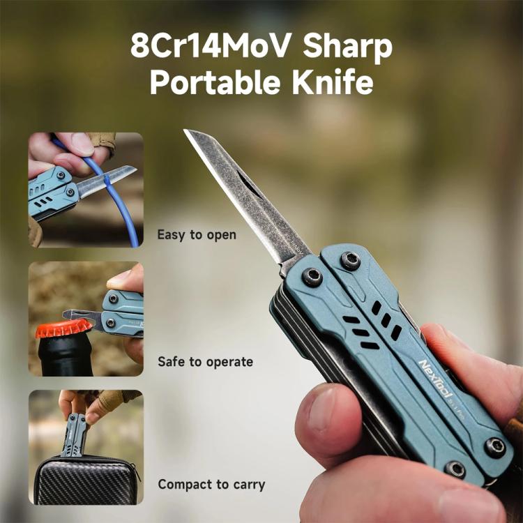 Blue pocket multi-tool with folding knife blade and secure handle grip