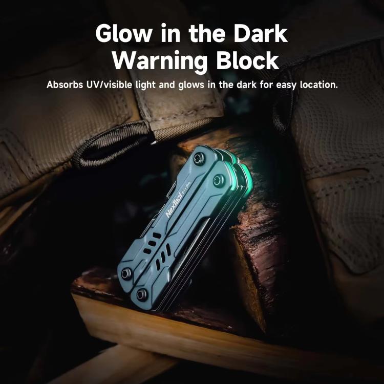 Blue folding multi-tool with a glowing warning block on the handle
