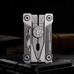 Silver folding pocket multi-tool pliers, open tool face with multi-bit tools