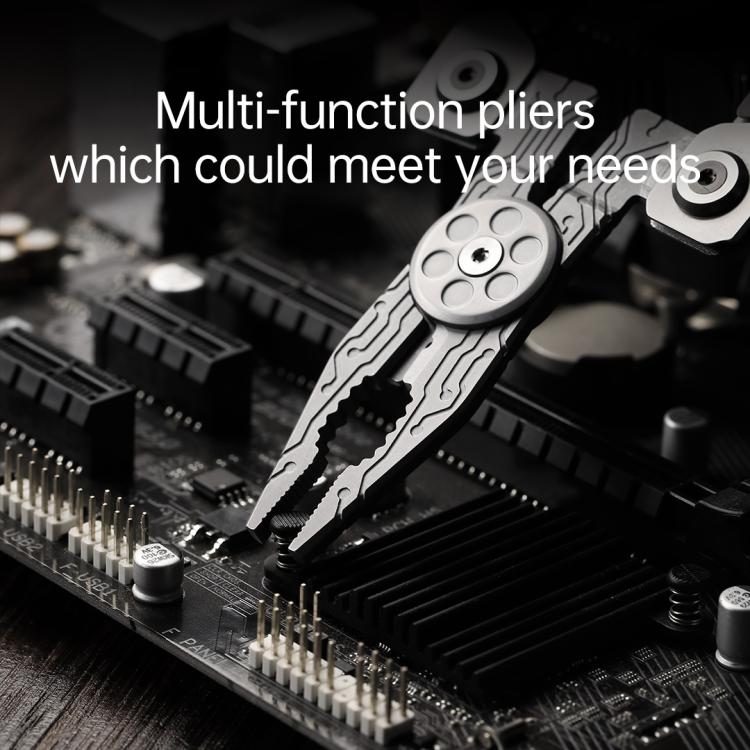 Silver multi-function folding pliers tool with serrated cutters and hex drive