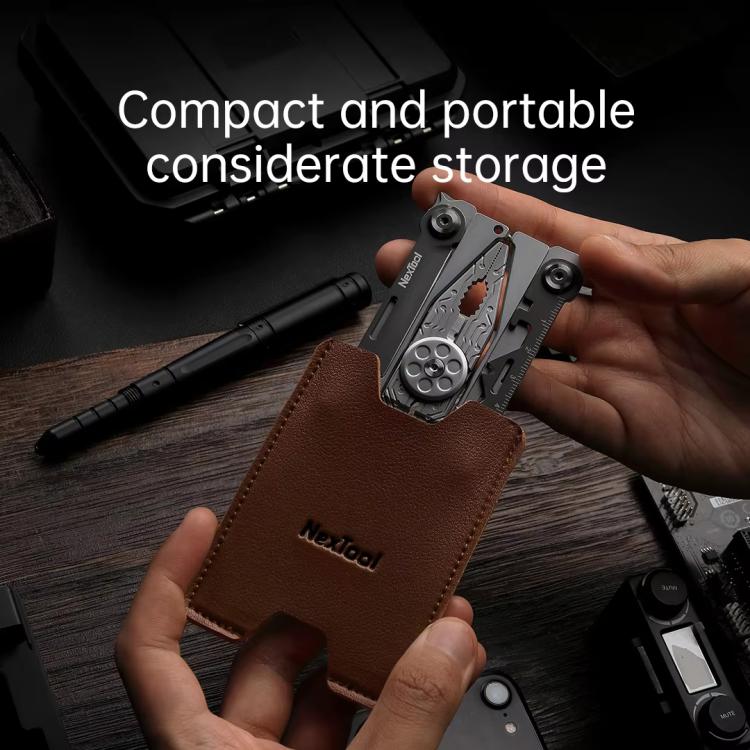 Brown leather pocket case holding silver folding multi-tool pliers