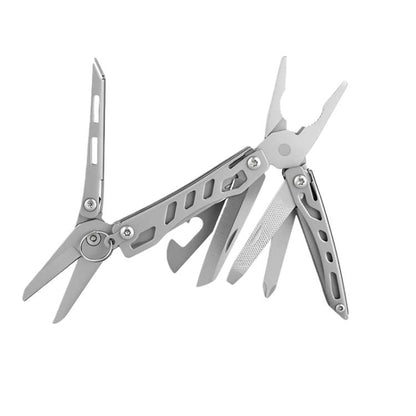 Gray multi-tool pliers with folding blades and keychain loop, open
