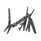 Dark gray multitool pliers with folding blades and keychain loop, open