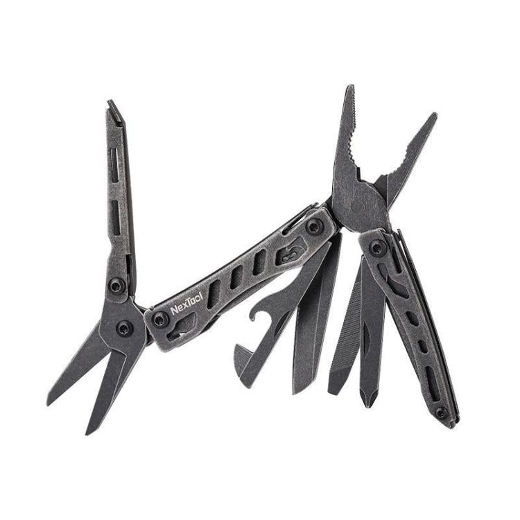 Dark gray multitool pliers with folding blades and keychain loop, open
