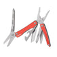 Red and silver multitool pliers with folding blades and keychain loop, open