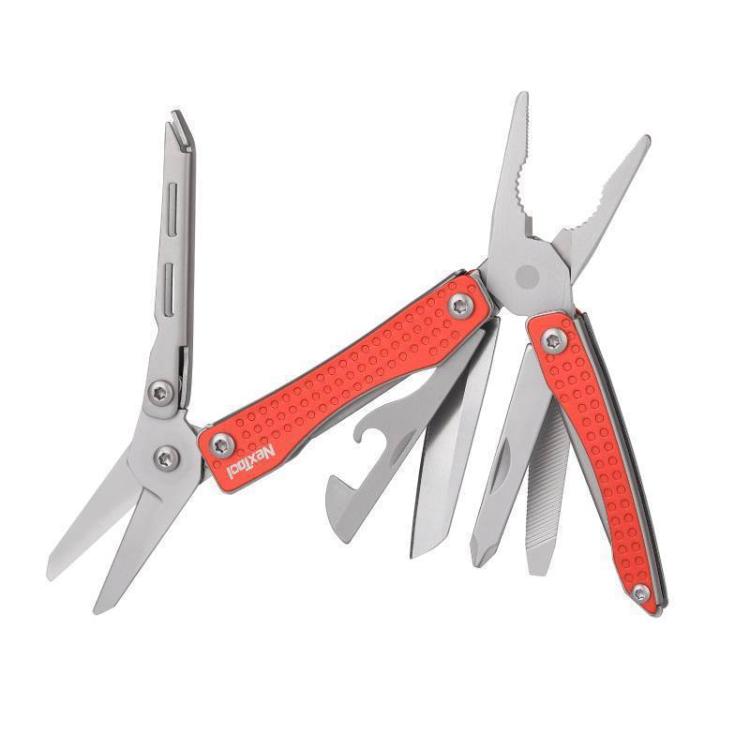 Red and silver multitool pliers with folding blades and keychain loop, open