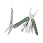 Green and silver multitool pliers with folding blades and keychain loop, open