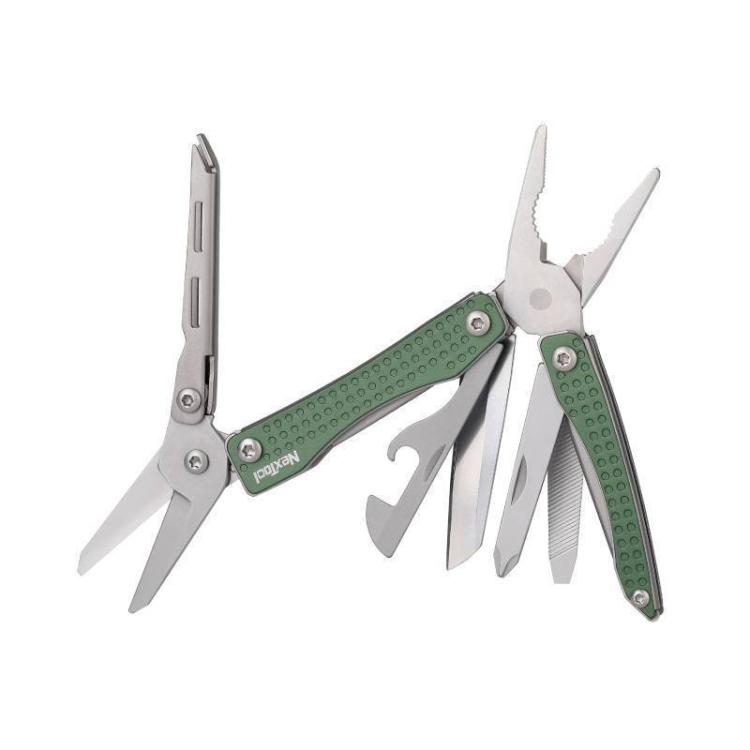 Green and silver multitool pliers with folding blades and keychain loop, open